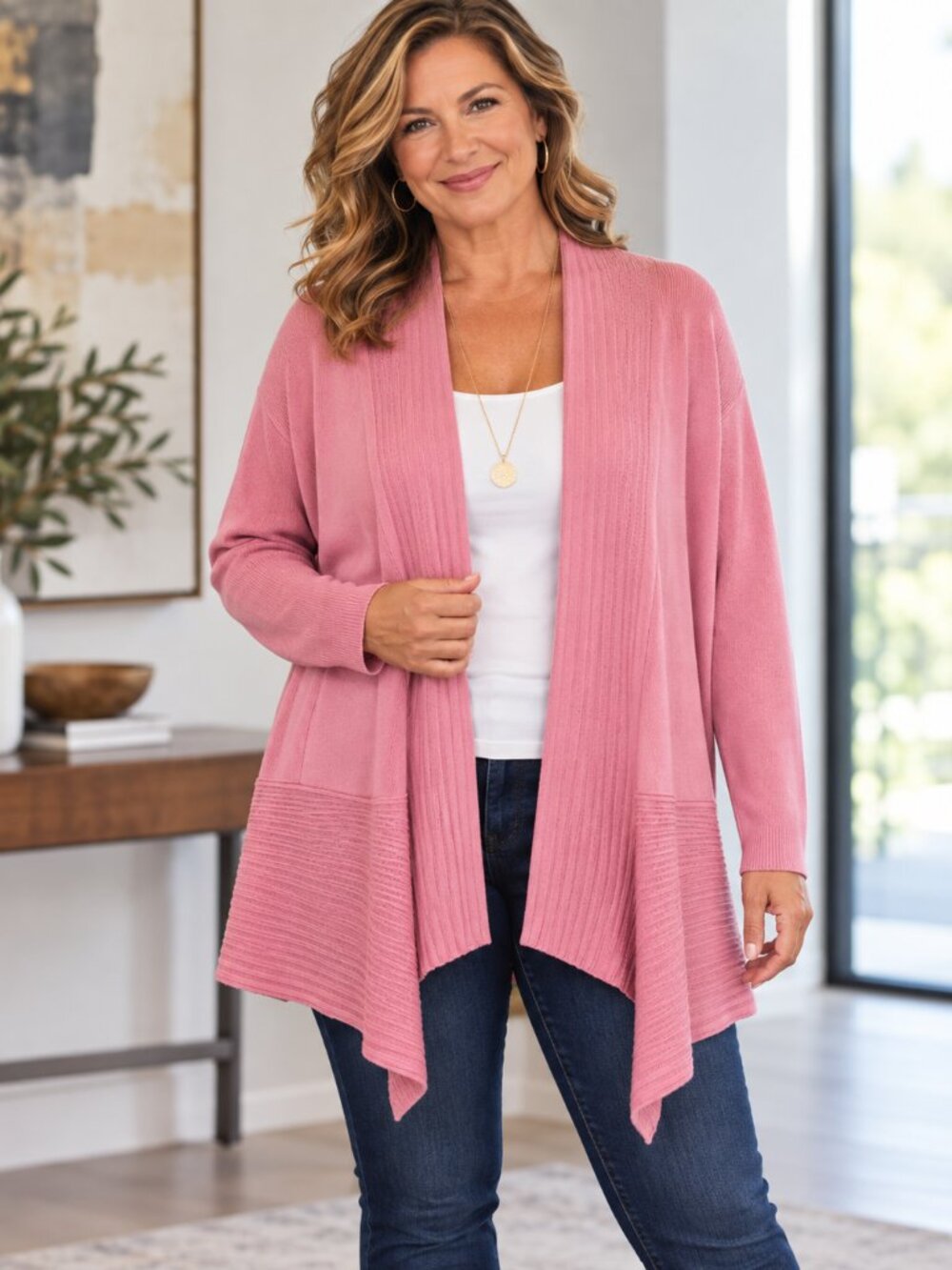 Passports Women’s XL Pink Open Front Waterfall Cardigan Sweater Ribbed Knit